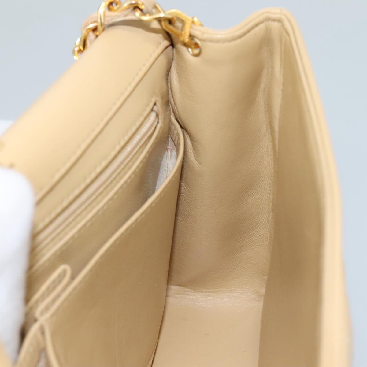 CHANEL Matelasse Chain Shoulder Bag Lamb Skin Beige Gold CC PP077
