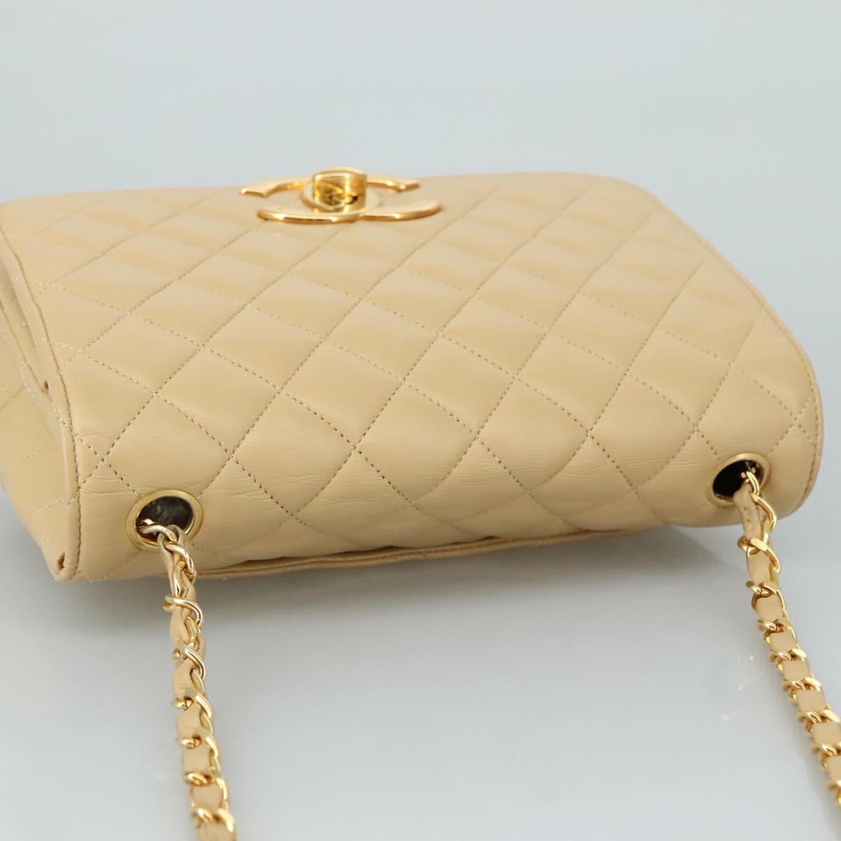 CHANEL Matelasse Chain Shoulder Bag Lamb Skin Beige Gold CC PP077