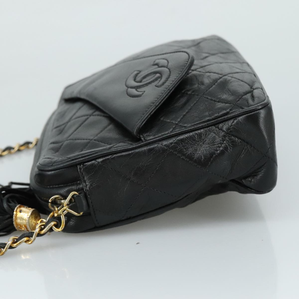 CHANEL Matelasse Chain Shoulder Bag Lamb Skin Black Gold CC PP082