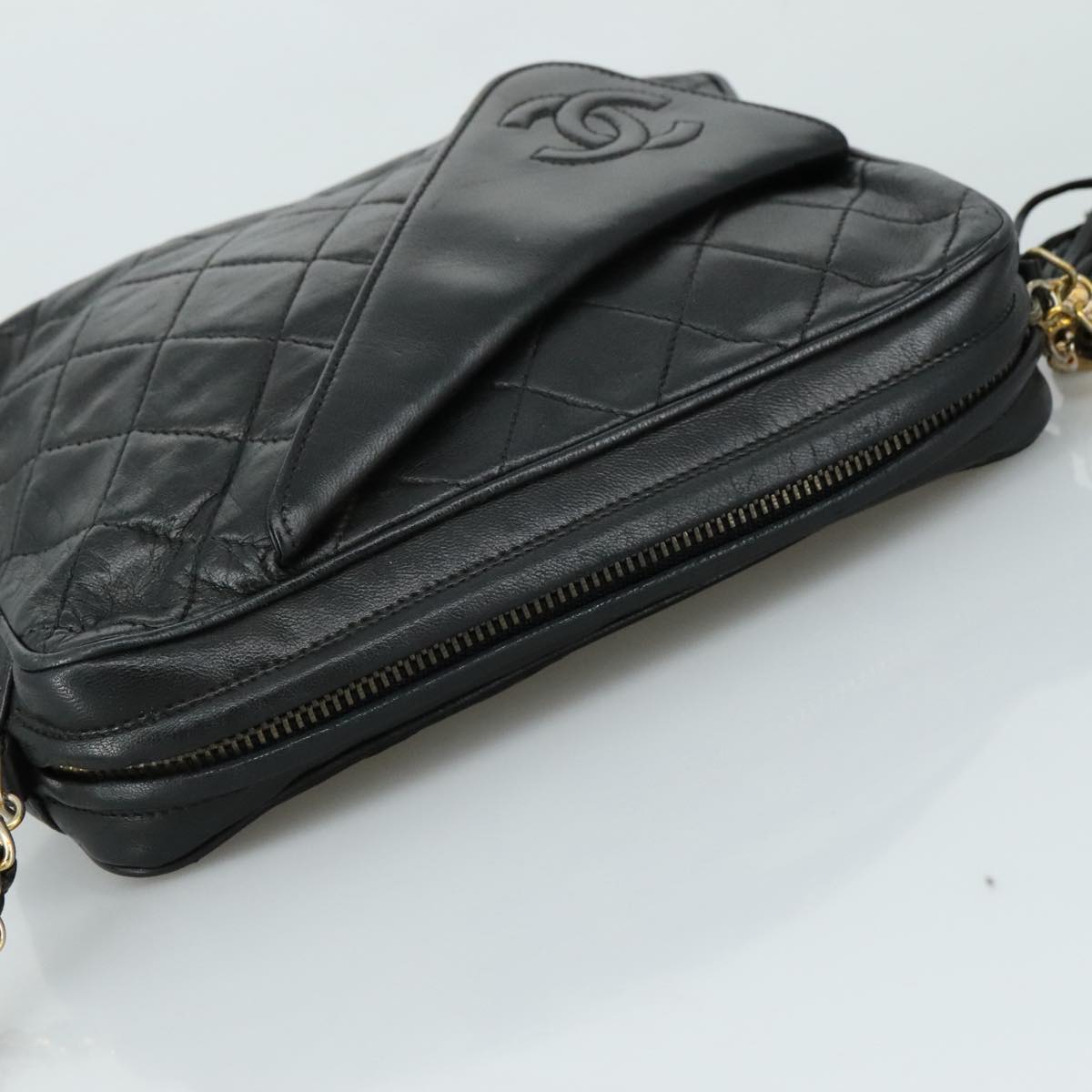 CHANEL Matelasse Chain Shoulder Bag Lamb Skin Black Gold CC PP082