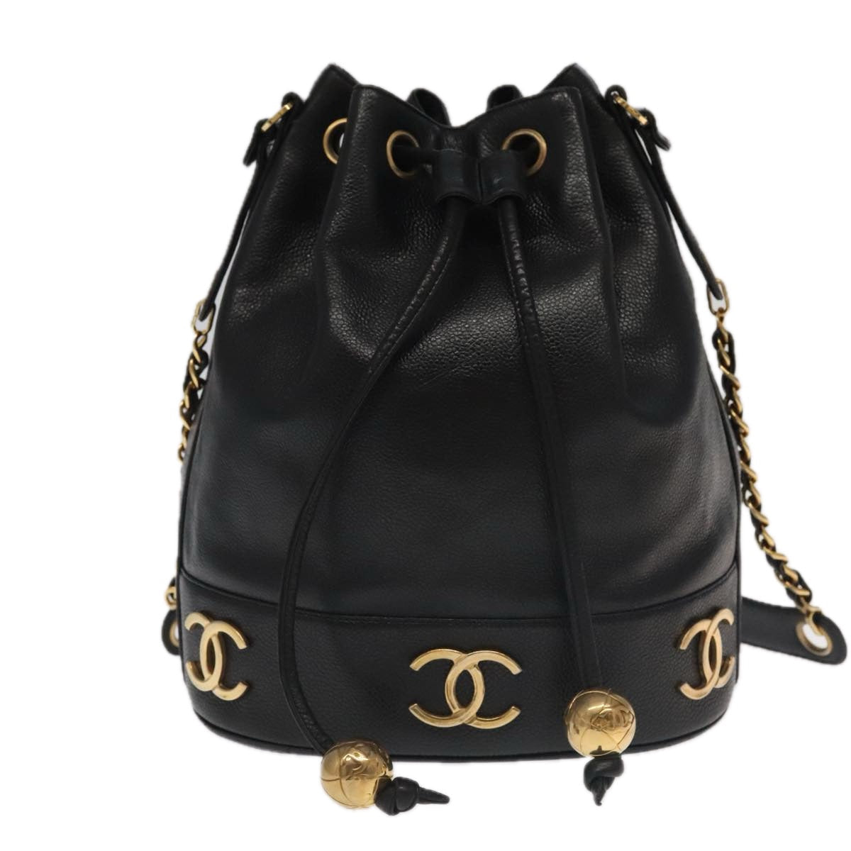 CHANEL Chain Shoulder Bag Caviar Skin Black Gold CC PP101