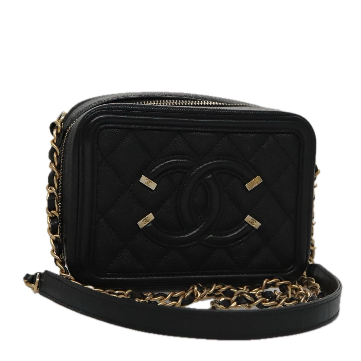 CHANEL Matelasse Chain Shoulder Bag Caviar Skin Black Gold CC PP102