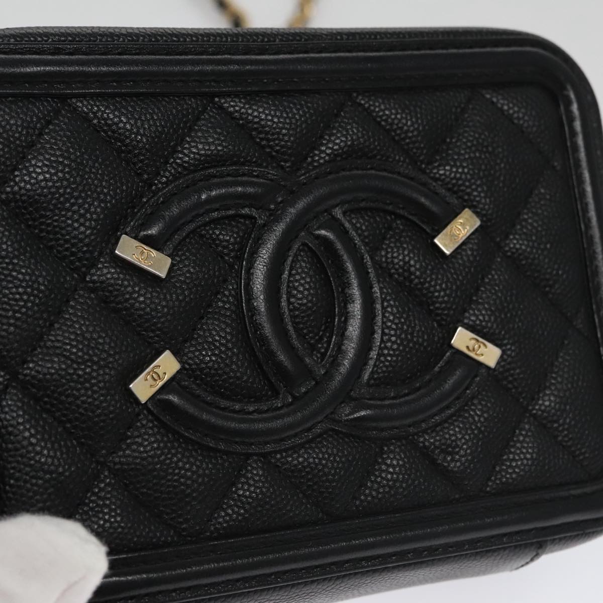 CHANEL Matelasse Chain Shoulder Bag Caviar Skin Black Gold CC PP102