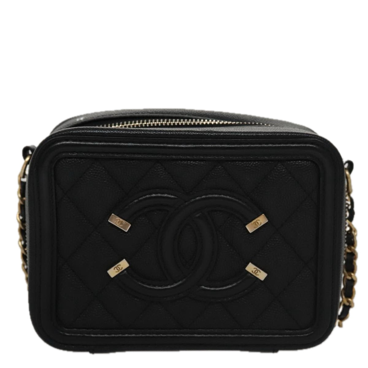 CHANEL Matelasse Chain Shoulder Bag Caviar Skin Black Gold CC PP102