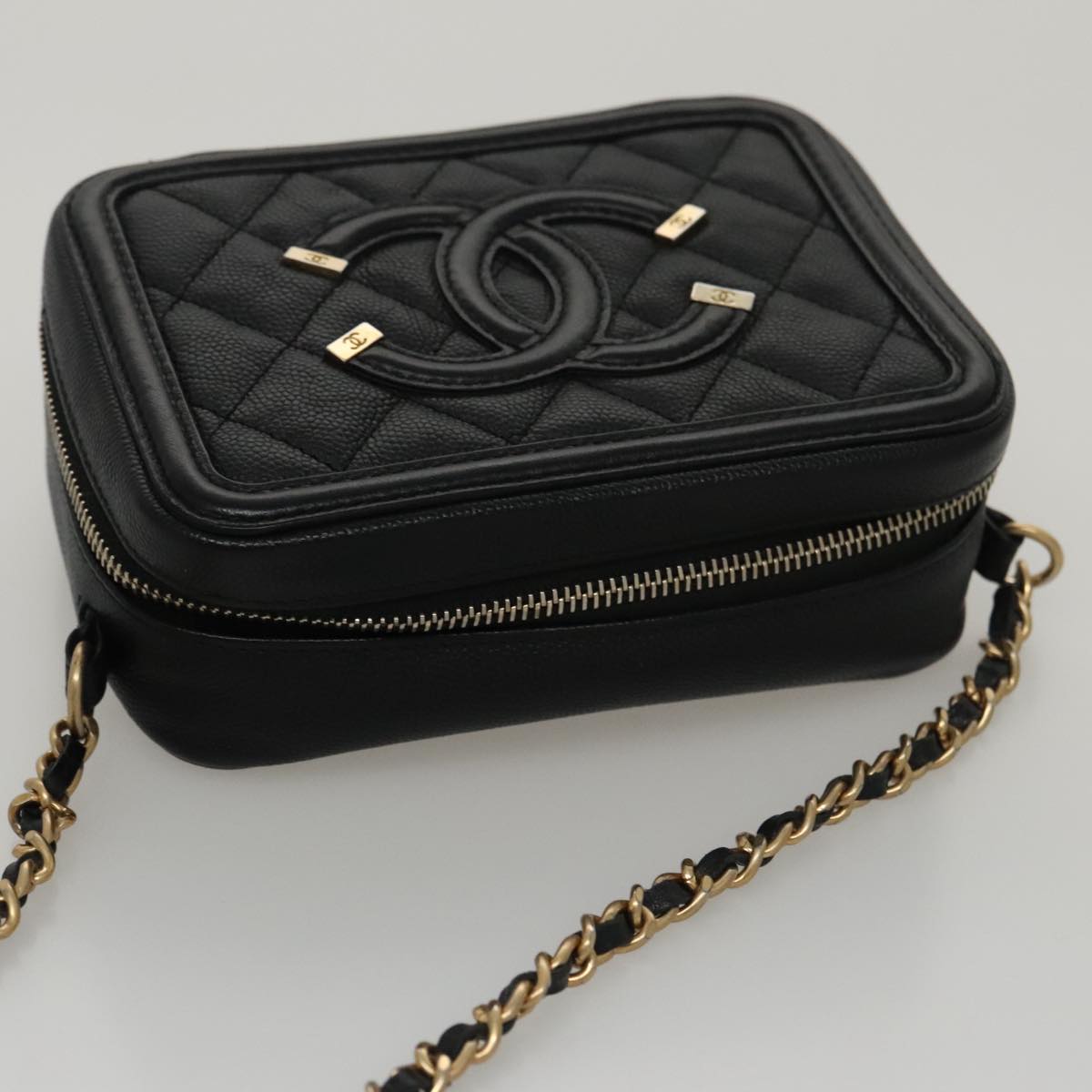 CHANEL Matelasse Chain Shoulder Bag Caviar Skin Black Gold CC PP102