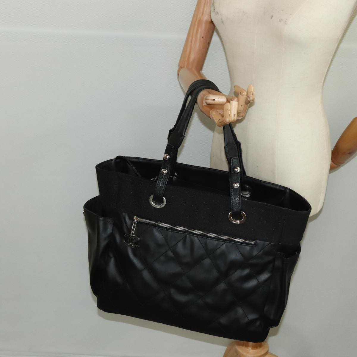 CHANEL Matelasse Tote Bag Leather PVC Black Gold CC PP103
