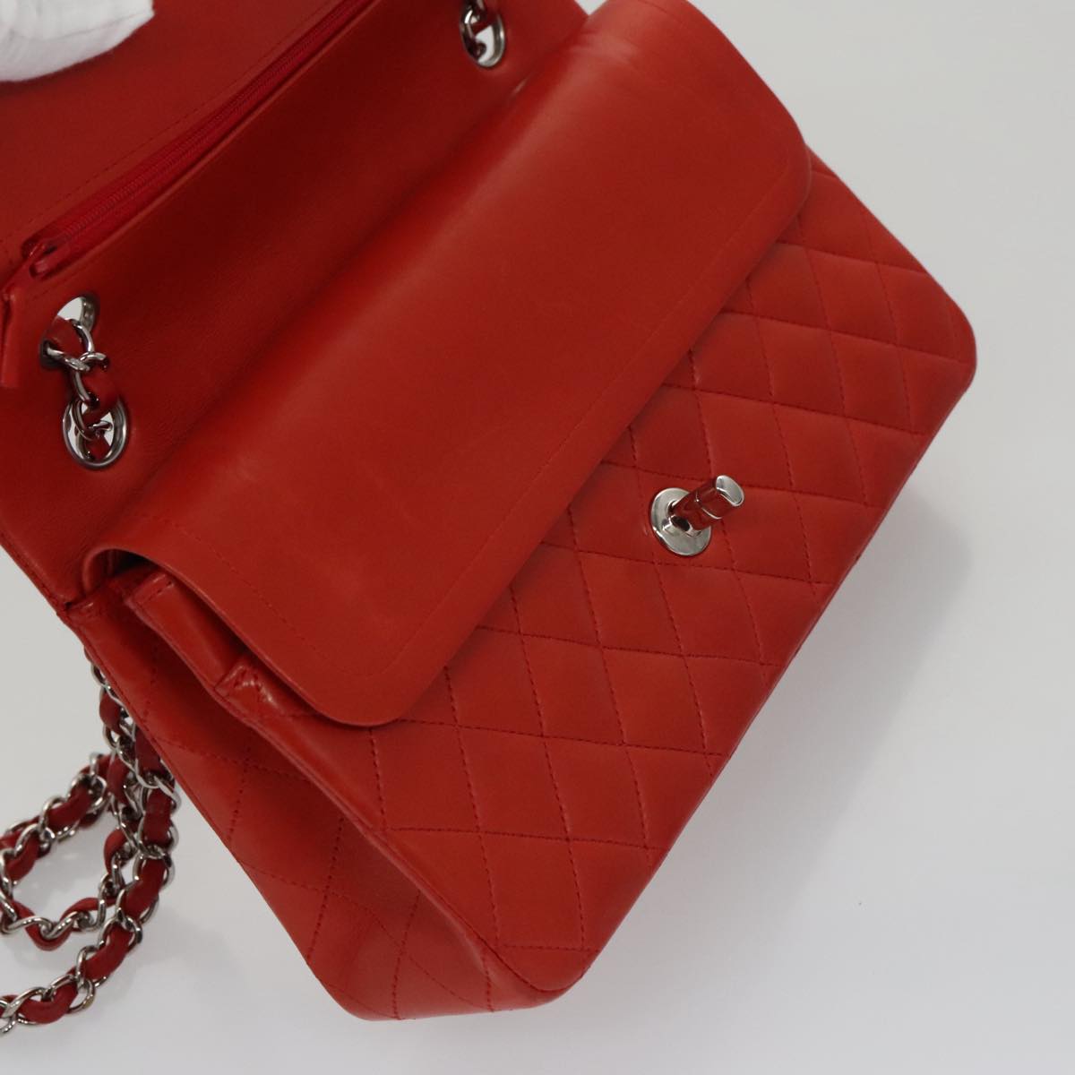 CHANEL Matelasse Chain Shoulder Bag Lamb Skin Orange Silver CC PP105A