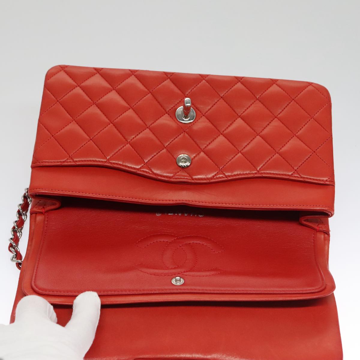 CHANEL Matelasse Chain Shoulder Bag Lamb Skin Orange Silver CC PP105A
