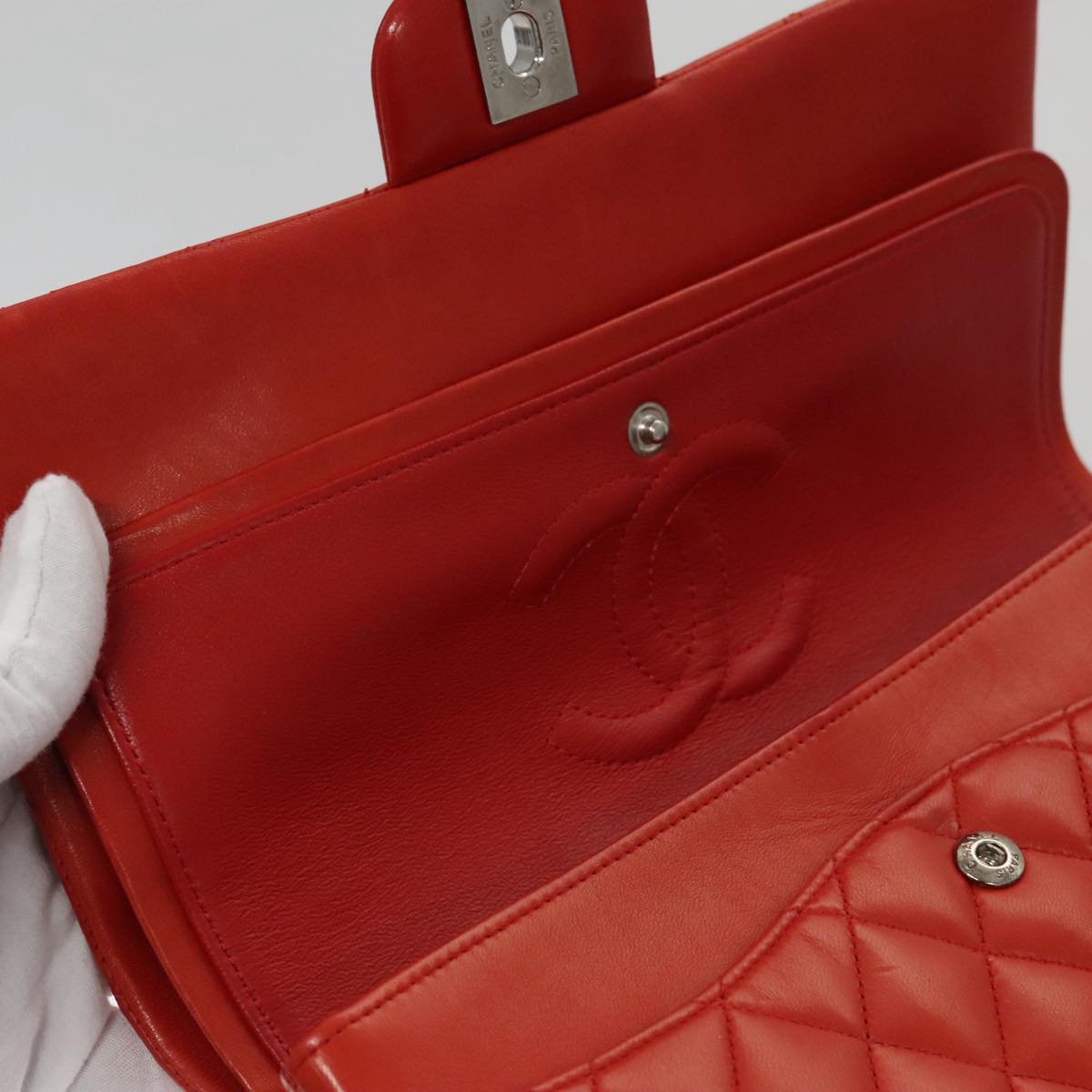 CHANEL Matelasse Chain Shoulder Bag Lamb Skin Orange Silver CC PP105A