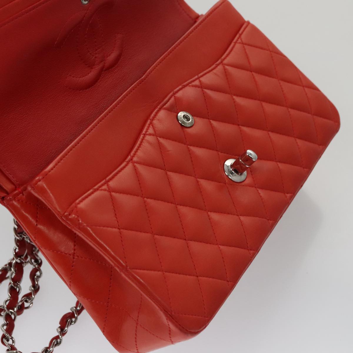 CHANEL Matelasse Chain Shoulder Bag Lamb Skin Orange Silver CC PP105A