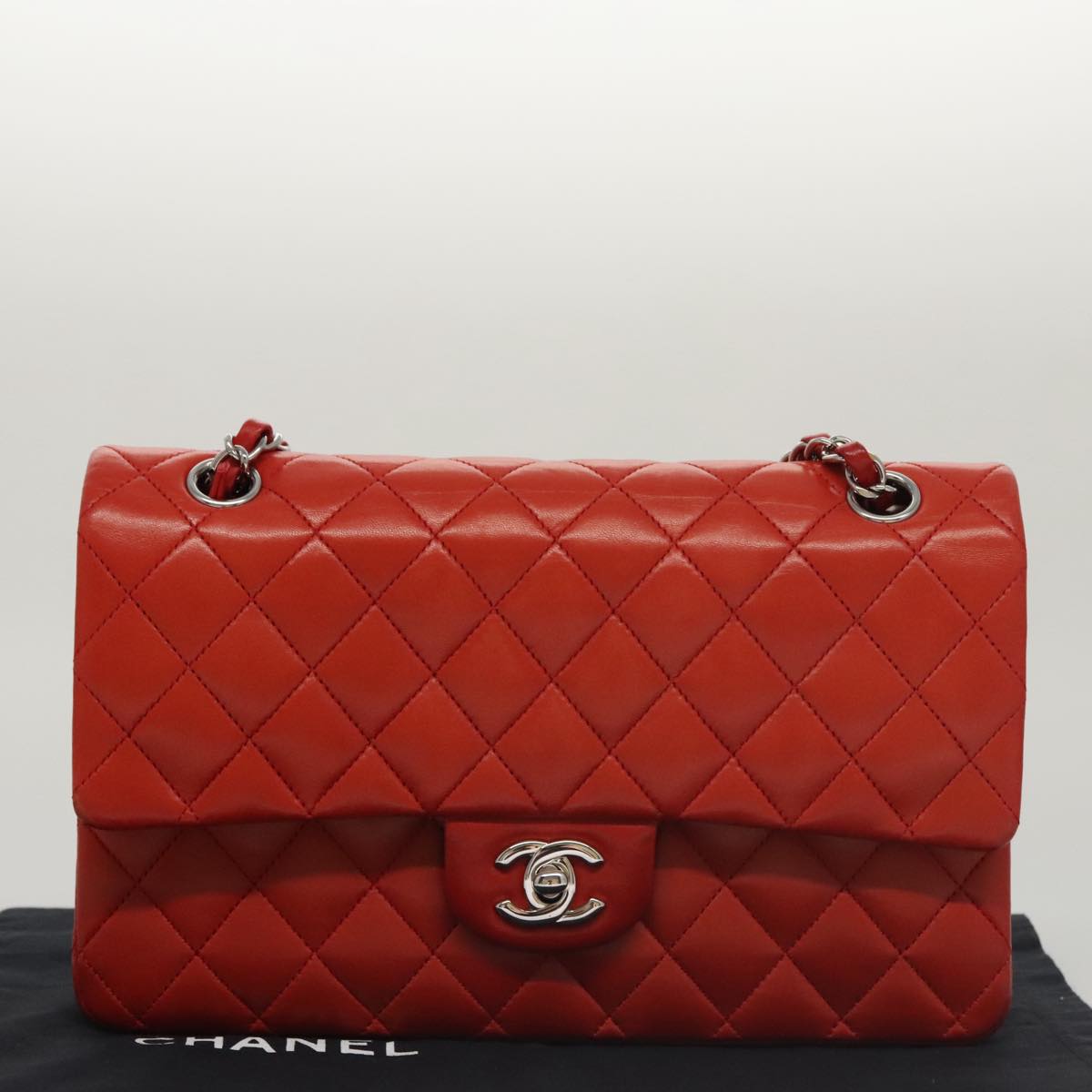 CHANEL Matelasse Chain Shoulder Bag Lamb Skin Orange Silver CC PP105A