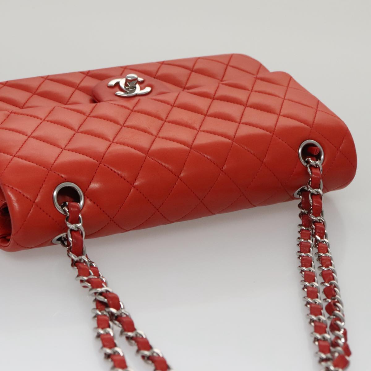CHANEL Matelasse Chain Shoulder Bag Lamb Skin Orange Silver CC PP105A