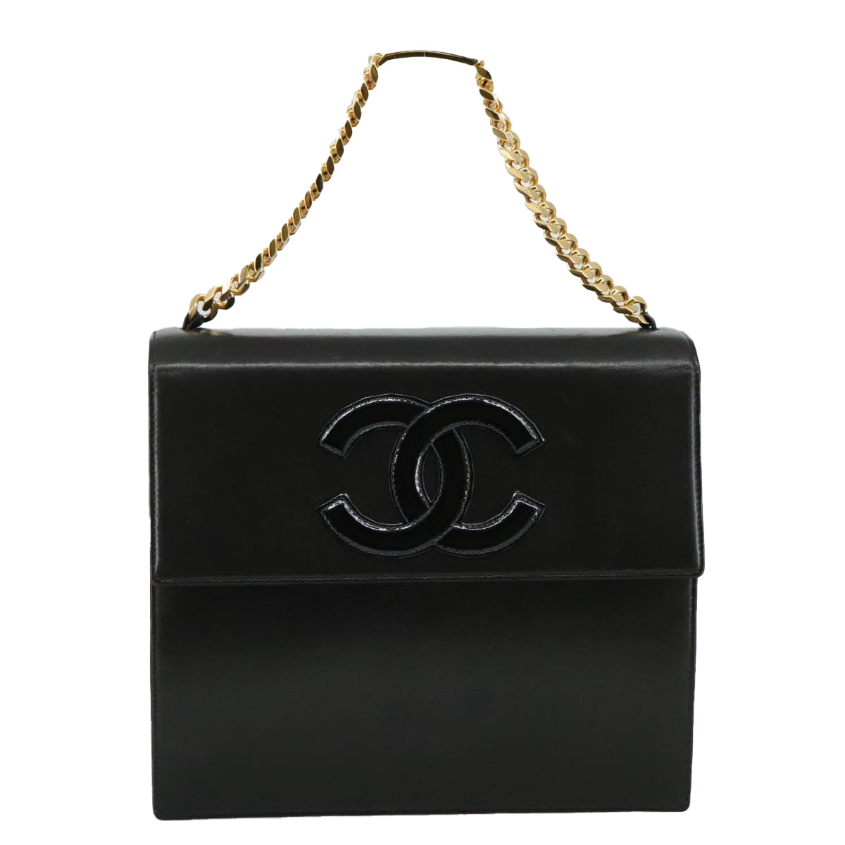 CHANEL Chain Hand Bag Leather Black Gold CC PP125