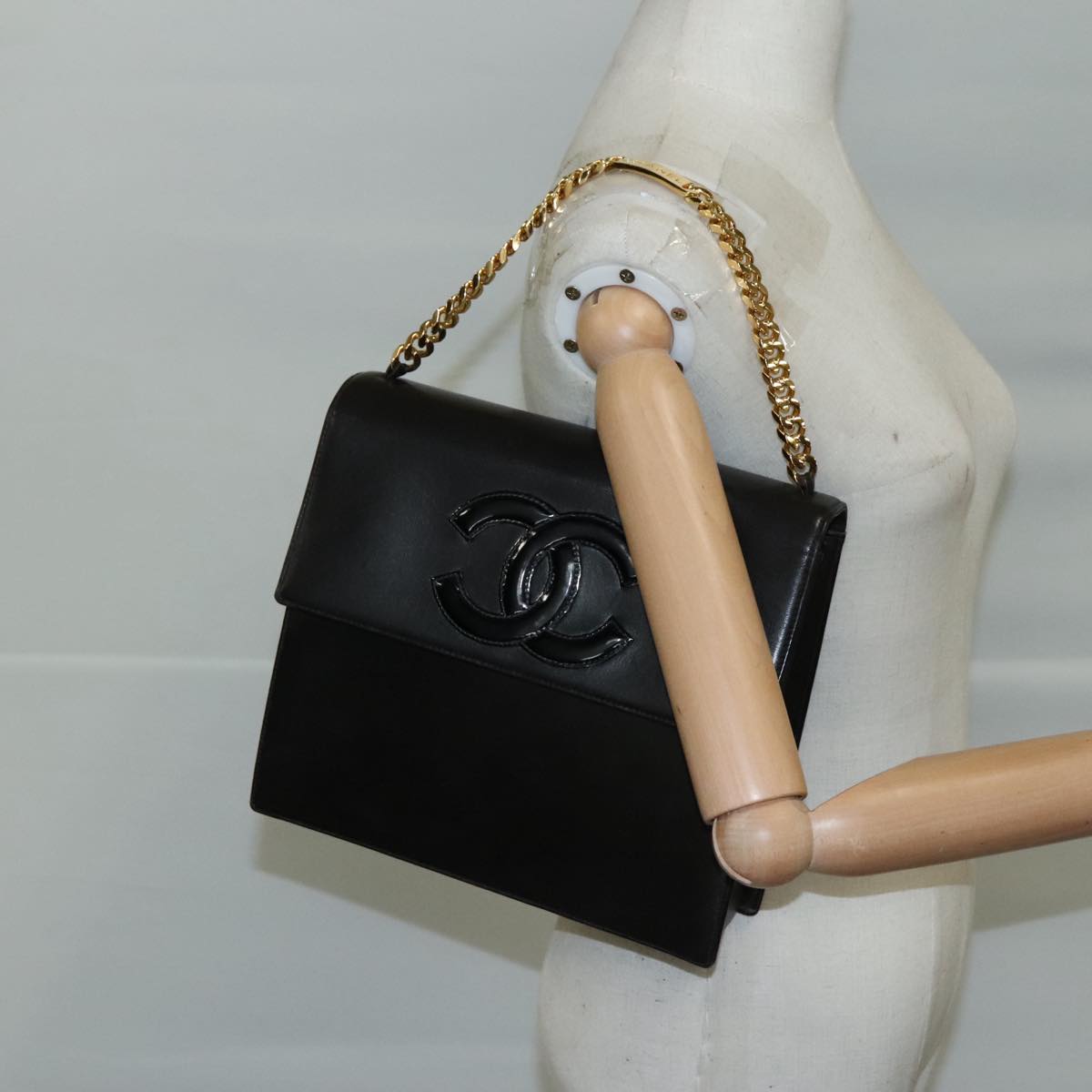 CHANEL Chain Hand Bag Leather Black Gold CC PP125