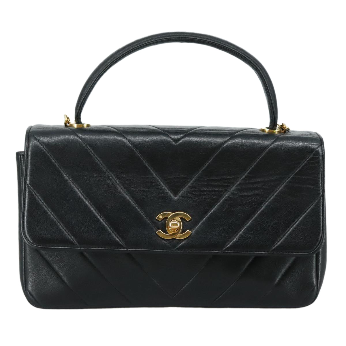 CHANEL Chain Hand Bag Lamb Skin 2way Black Gold CC PP129