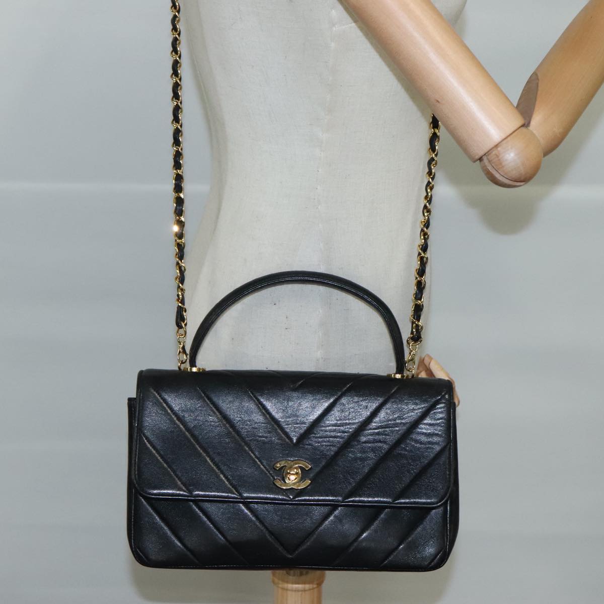 CHANEL Chain Hand Bag Lamb Skin 2way Black Gold CC PP129