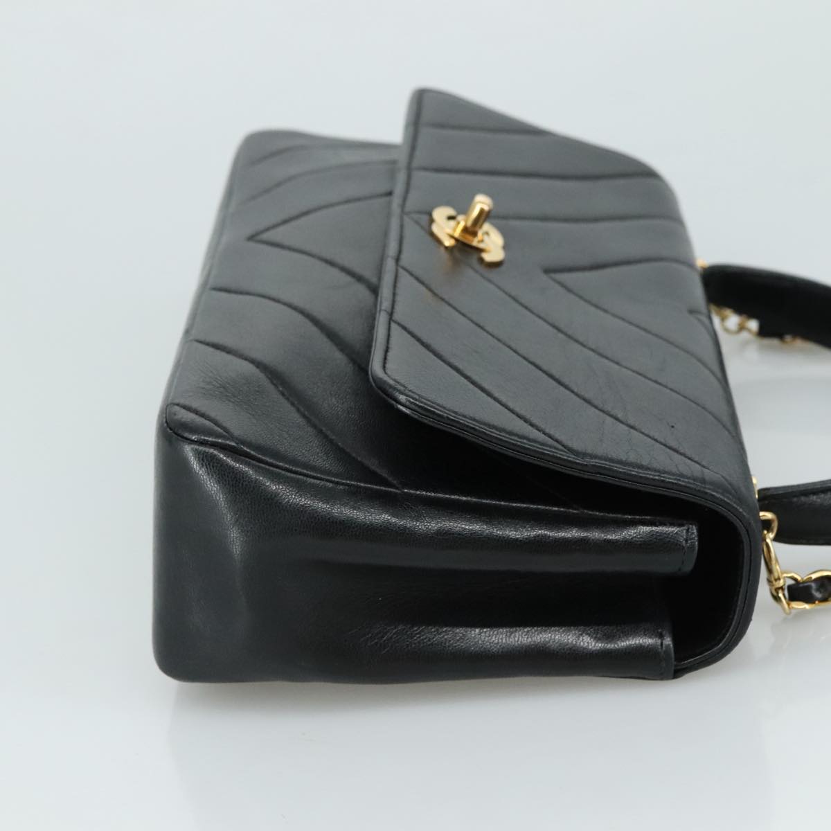 CHANEL Chain Hand Bag Lamb Skin 2way Black Gold CC PP129