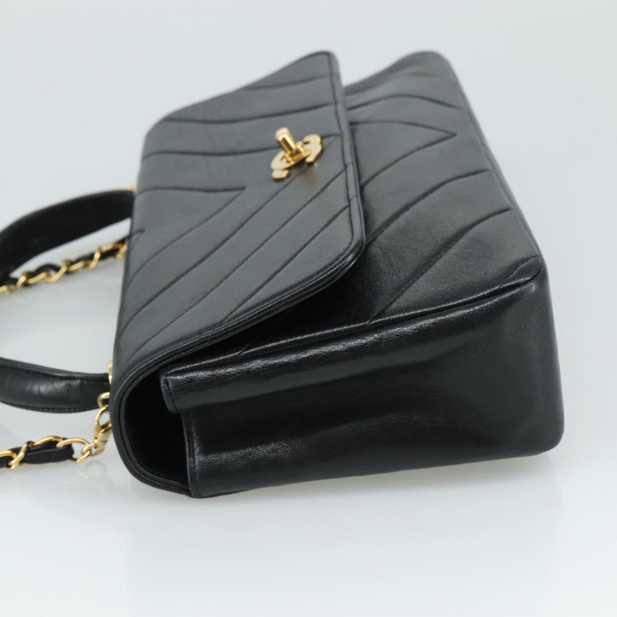 CHANEL Chain Hand Bag Lamb Skin 2way Black Gold CC PP129