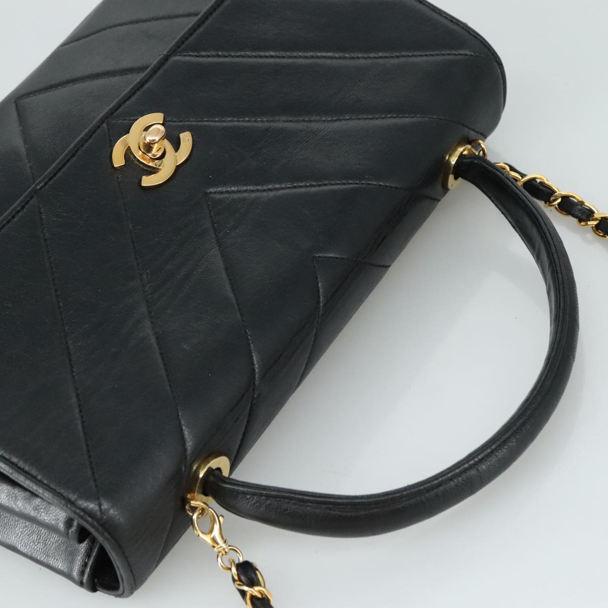 CHANEL Chain Hand Bag Lamb Skin 2way Black Gold CC PP129