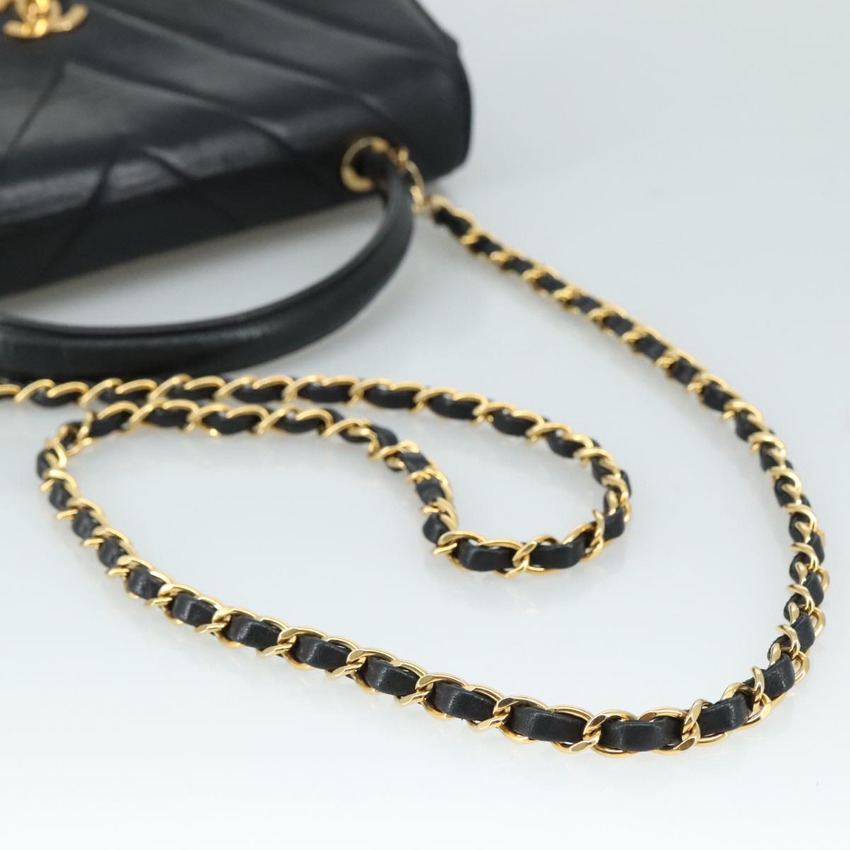 CHANEL Chain Hand Bag Lamb Skin 2way Black Gold CC PP129