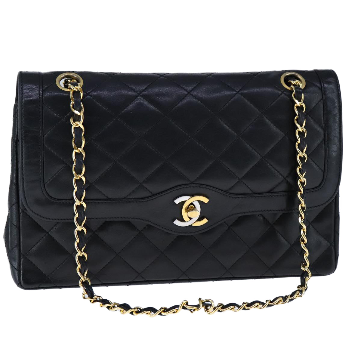 CHANEL Chain Matelasse Shoulder Bag Lamb Skin Black Gold CC PP135