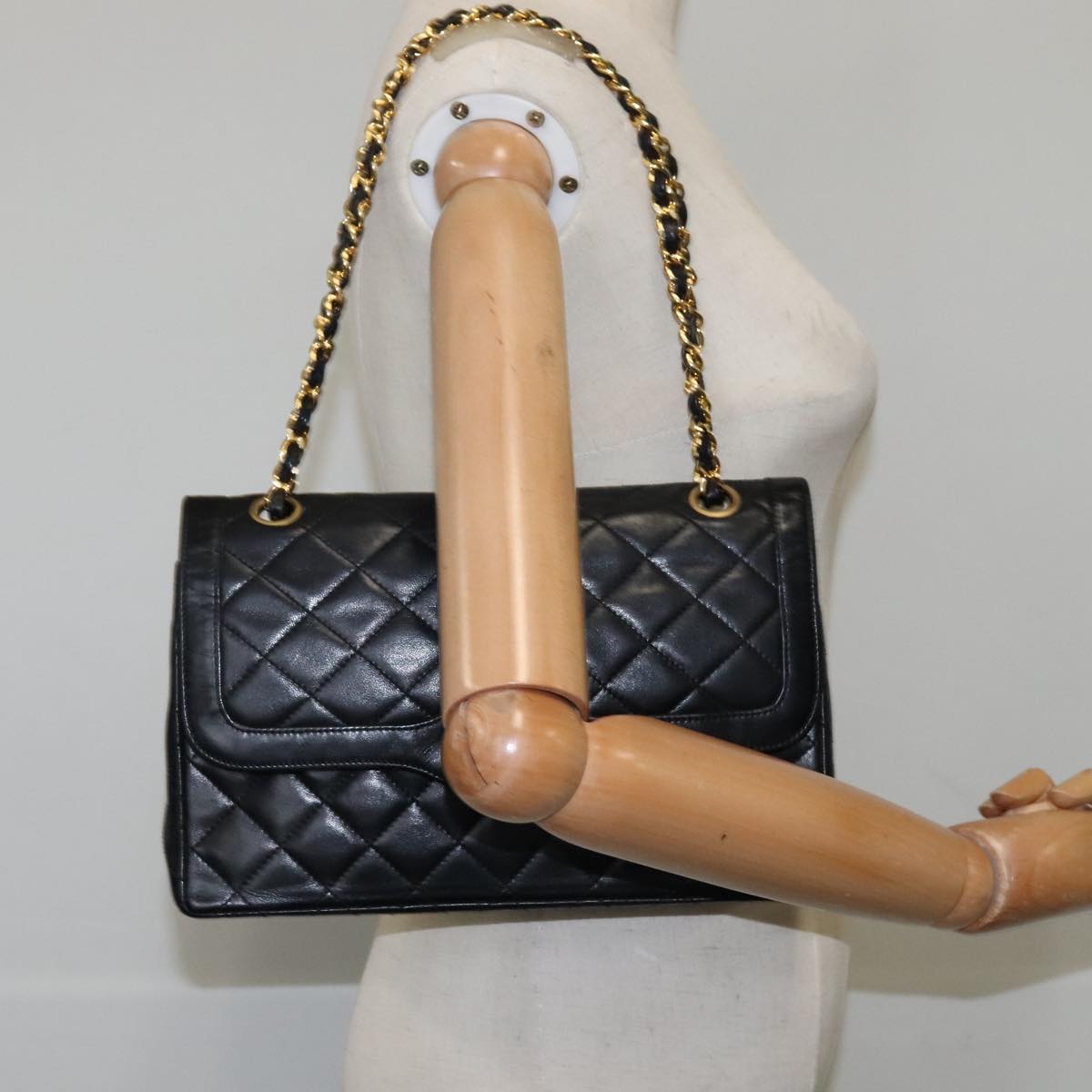 CHANEL Chain Matelasse Shoulder Bag Lamb Skin Black Gold CC PP135