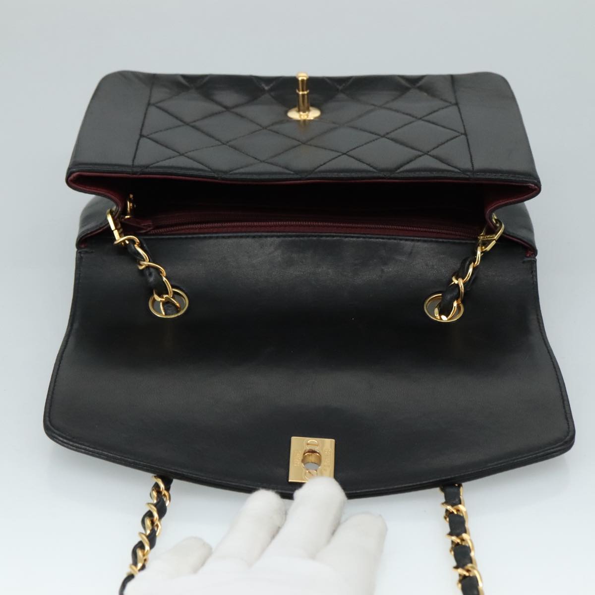 CHANEL Chain Diana Shoulder Bag Lamb Skin Black Gold CC PP139