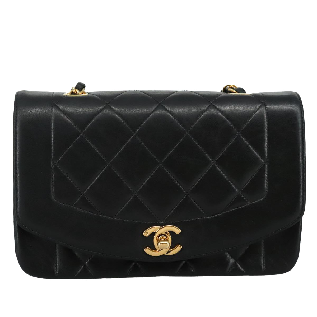CHANEL Chain Diana Shoulder Bag Lamb Skin Black Gold CC PP139