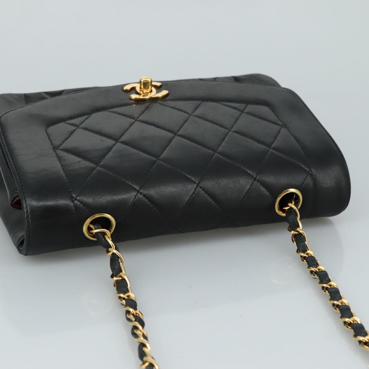 CHANEL Chain Diana Shoulder Bag Lamb Skin Black Gold CC PP139