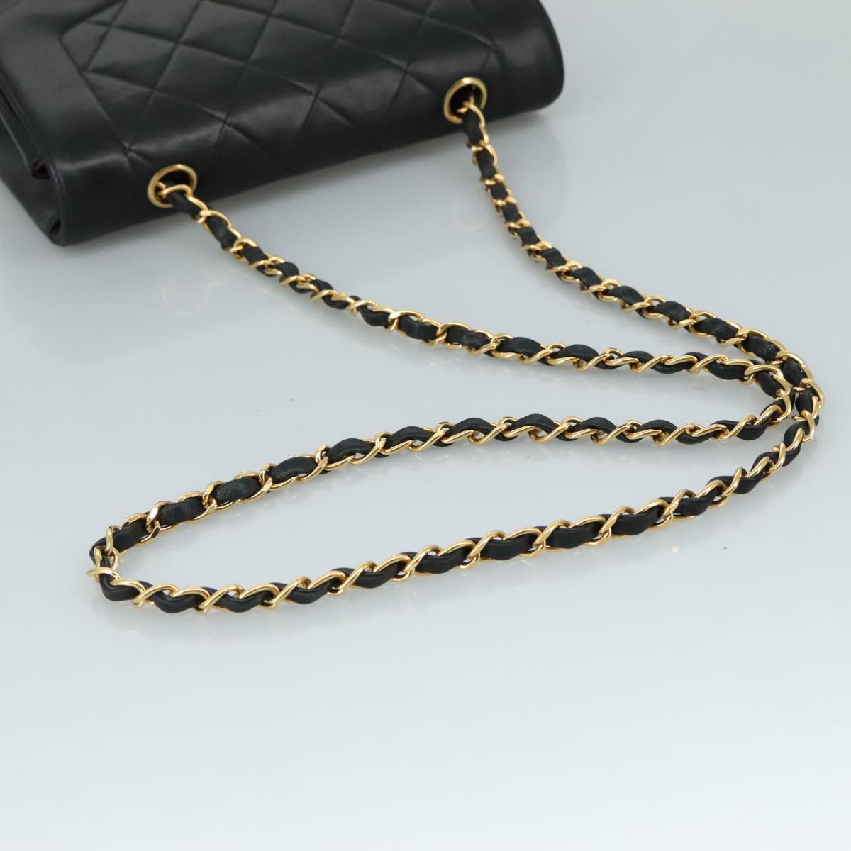 CHANEL Chain Diana Shoulder Bag Lamb Skin Black Gold CC PP139