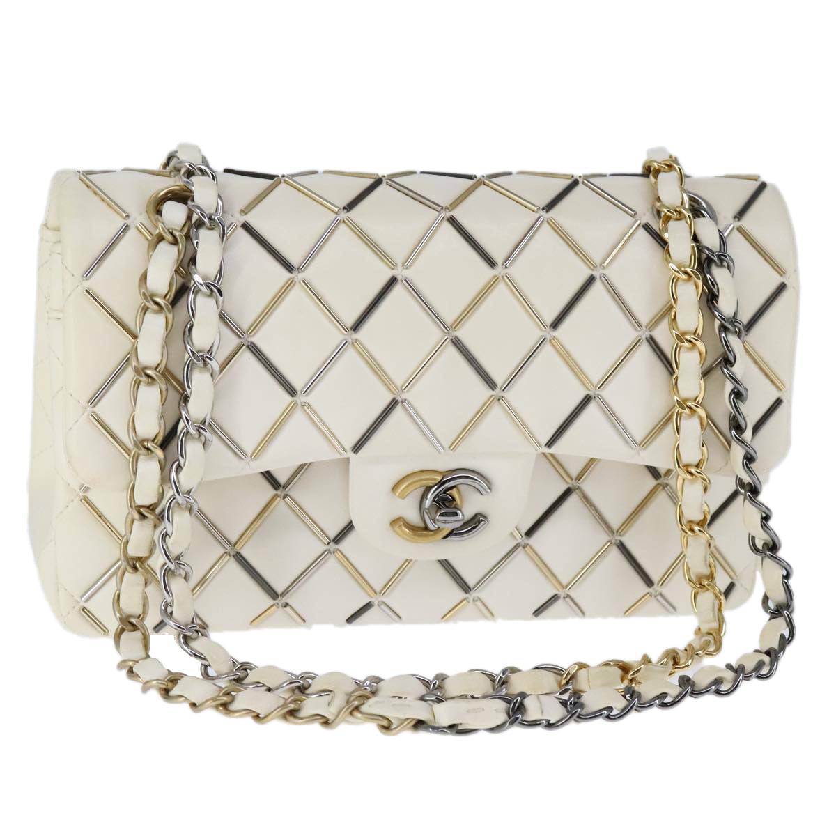 CHANEL Matelasse Chain Shoulder Bag Lamb Skin White CC PP140A