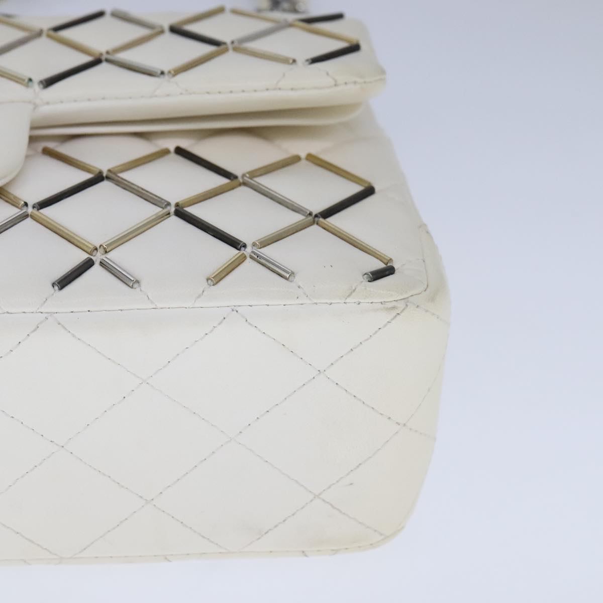 CHANEL Matelasse Chain Shoulder Bag Lamb Skin White CC PP140A