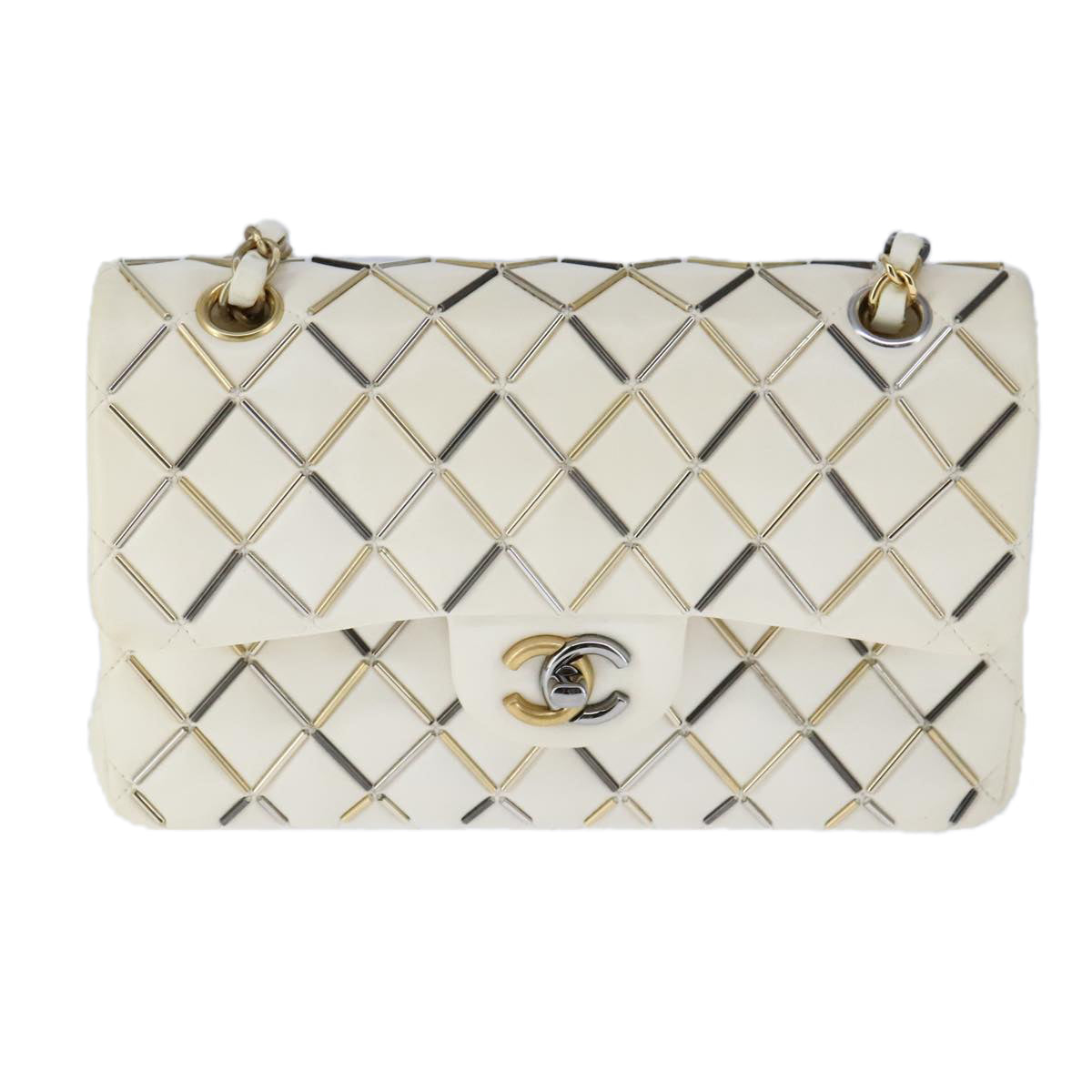 CHANEL Matelasse Chain Shoulder Bag Lamb Skin White CC PP140A