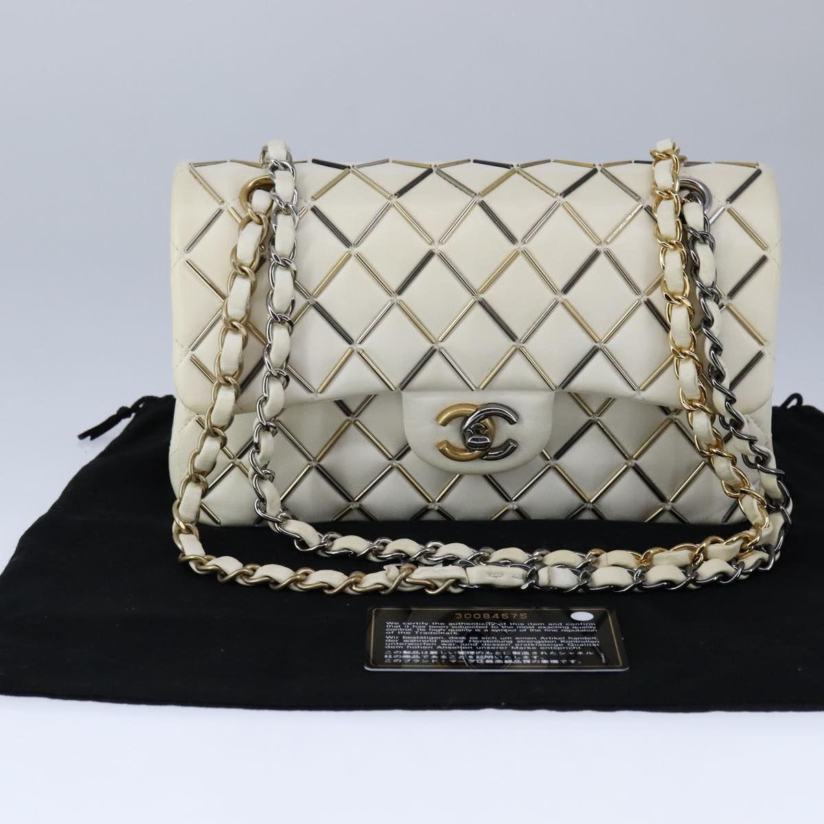 CHANEL Matelasse Chain Shoulder Bag Lamb Skin White CC PP140A