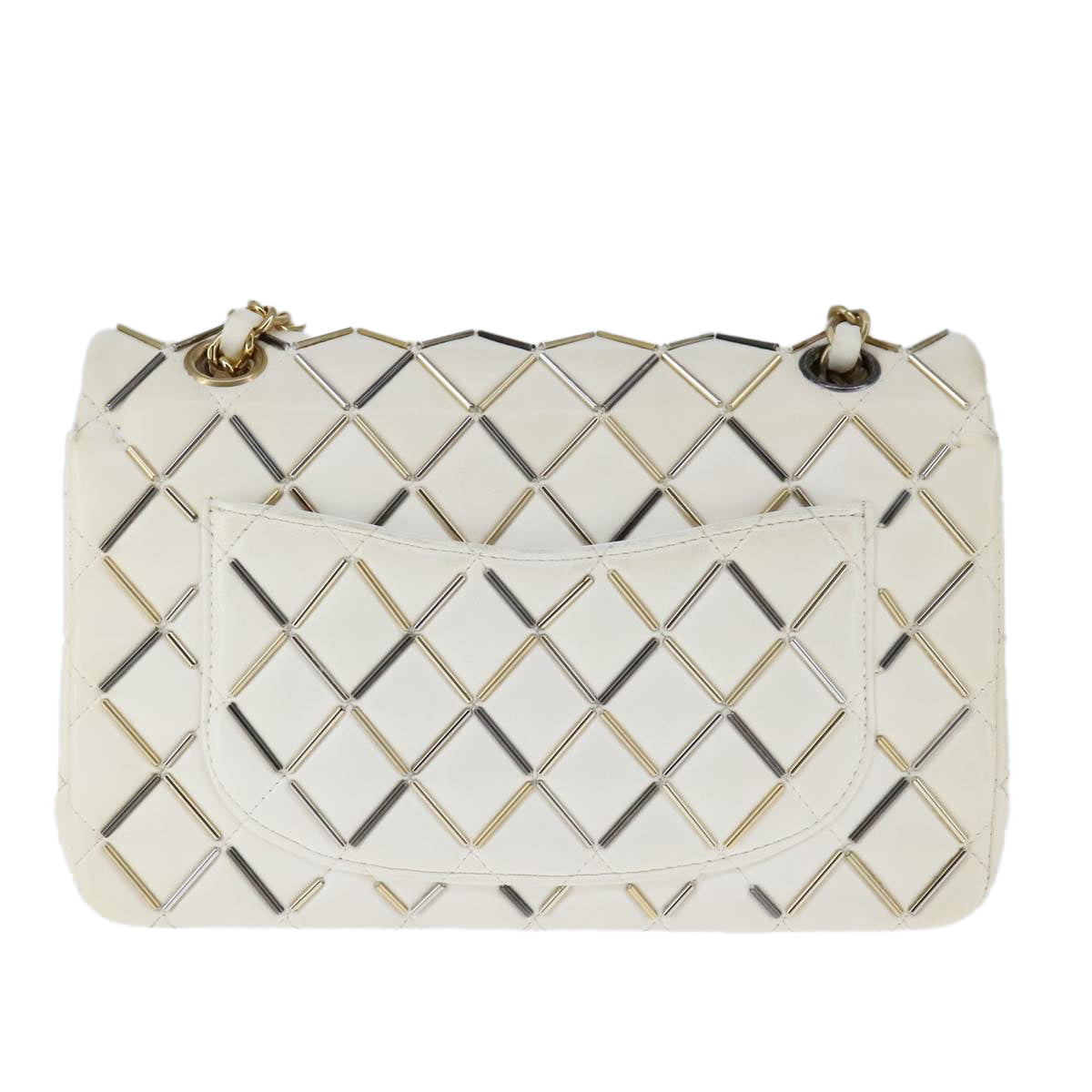 CHANEL Matelasse Chain Shoulder Bag Lamb Skin White CC PP140A