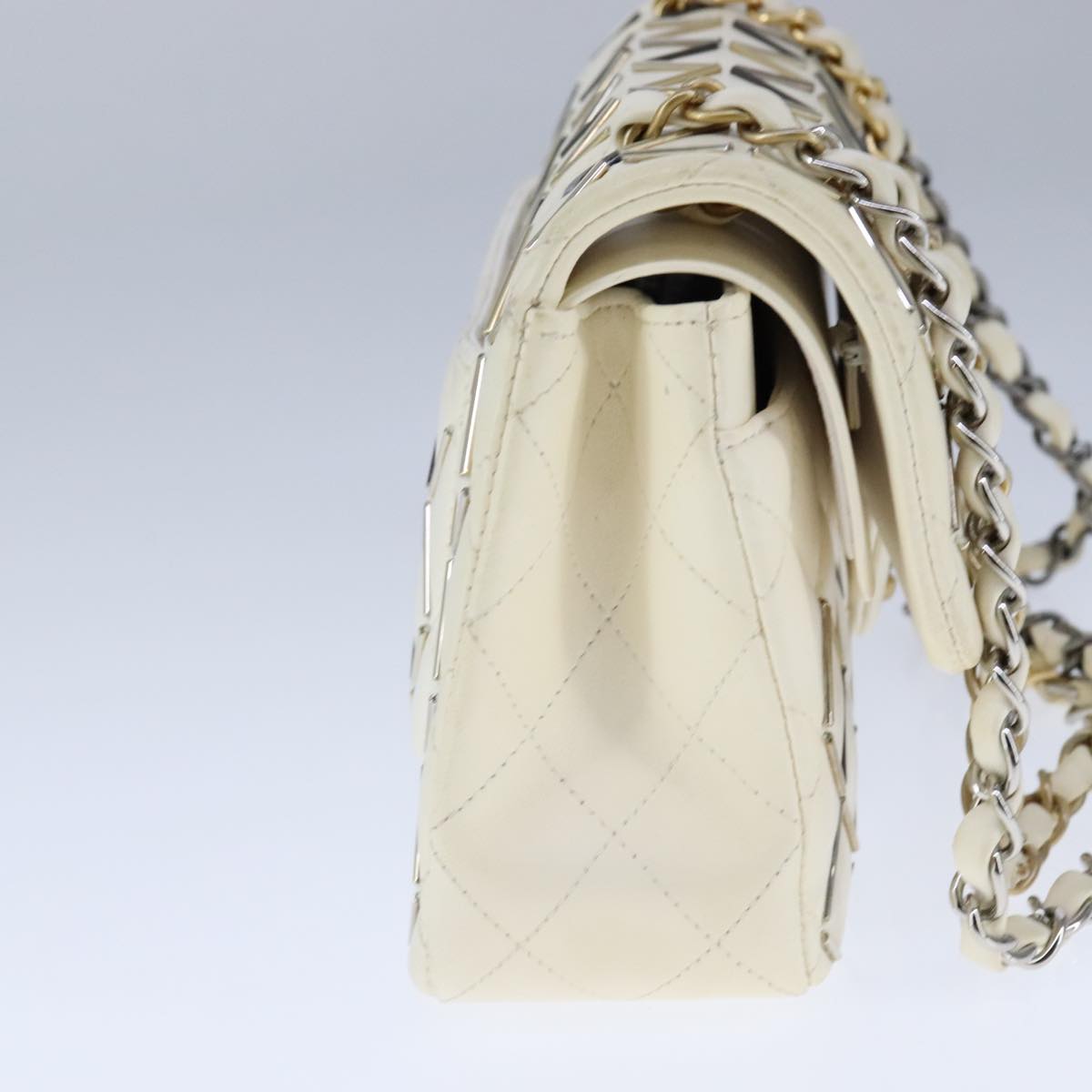 CHANEL Matelasse Chain Shoulder Bag Lamb Skin White CC PP140A