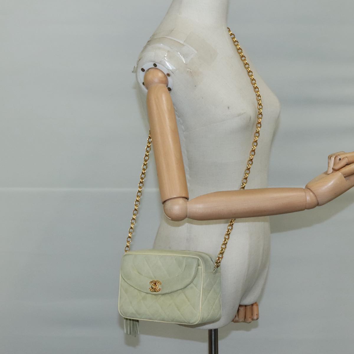 CHANEL Matelasse Chain Shoulder Bag Cotton Green Gold CC PP142