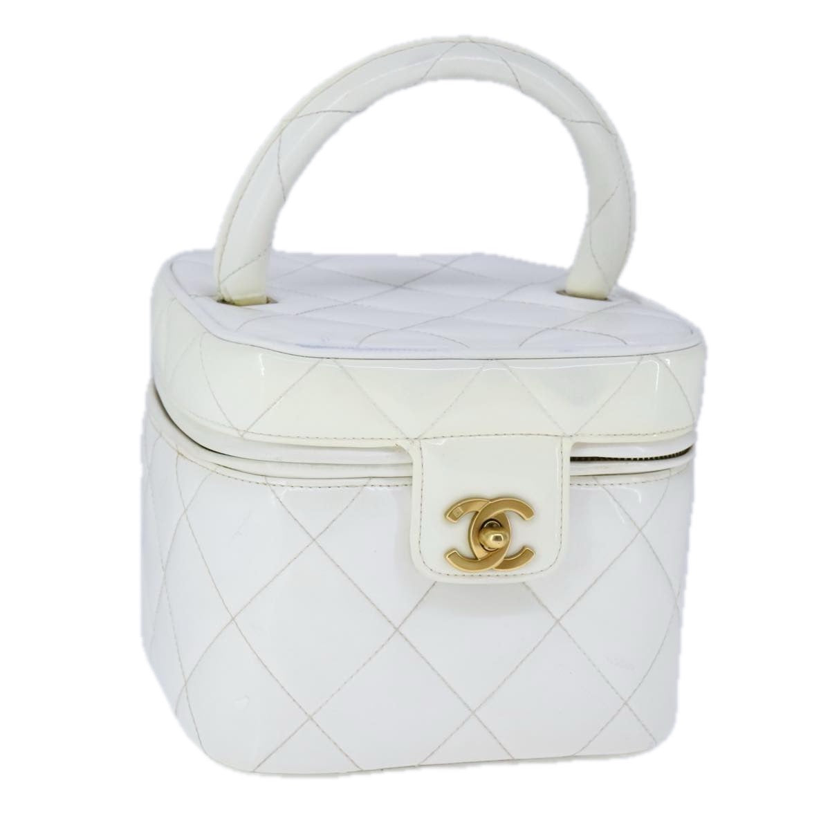 CHANEL Matelasse Vanity Cosmetic Pouch Patent leather White Gold CC PP147