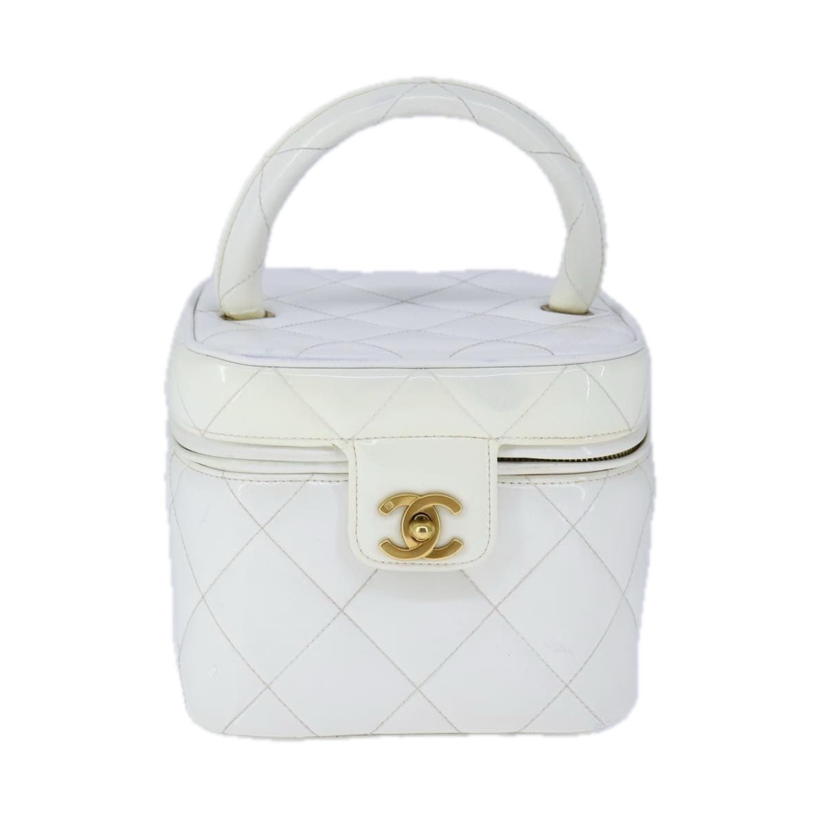 CHANEL Matelasse Vanity Cosmetic Pouch Patent leather White Gold CC PP147