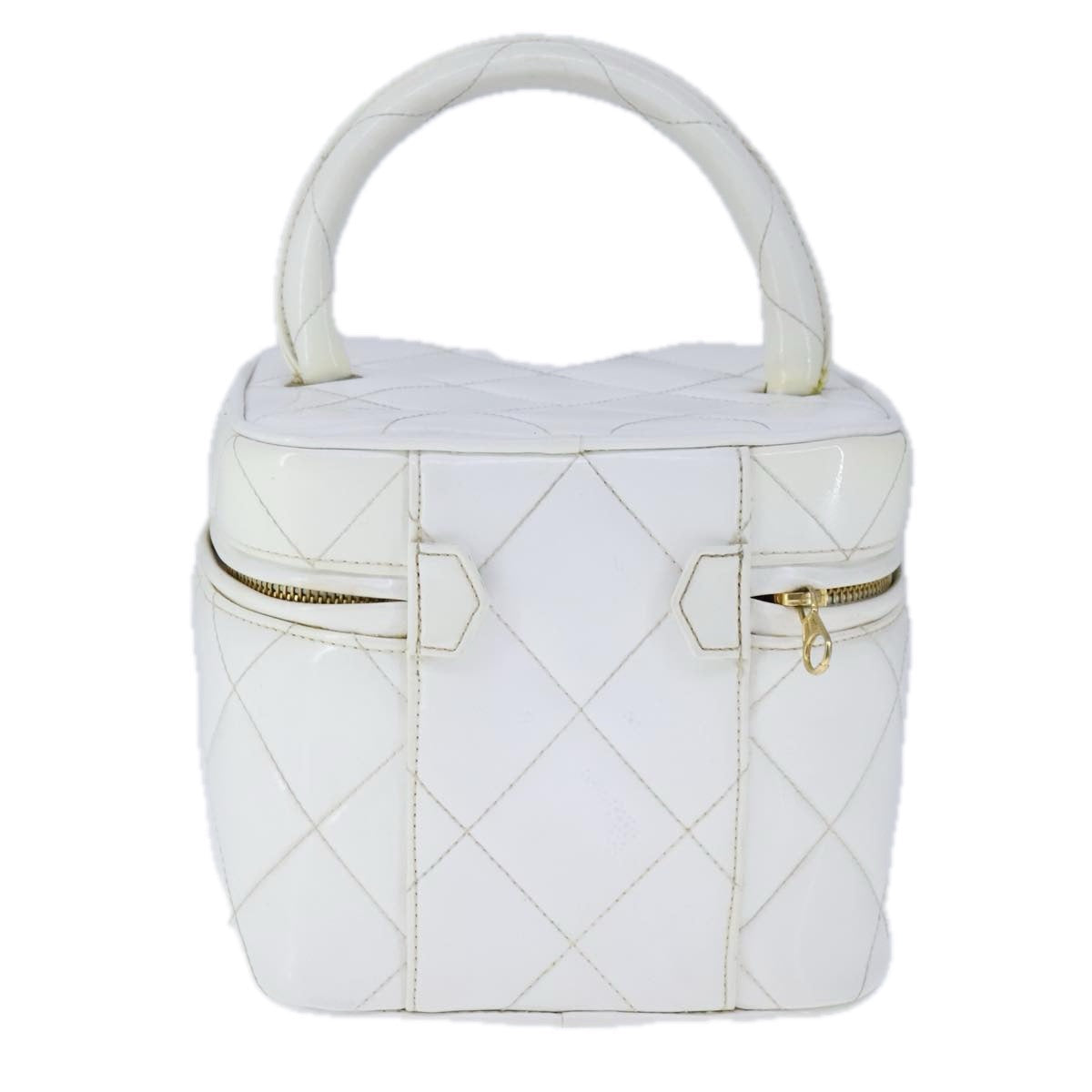CHANEL Matelasse Vanity Cosmetic Pouch Patent leather White Gold CC PP147