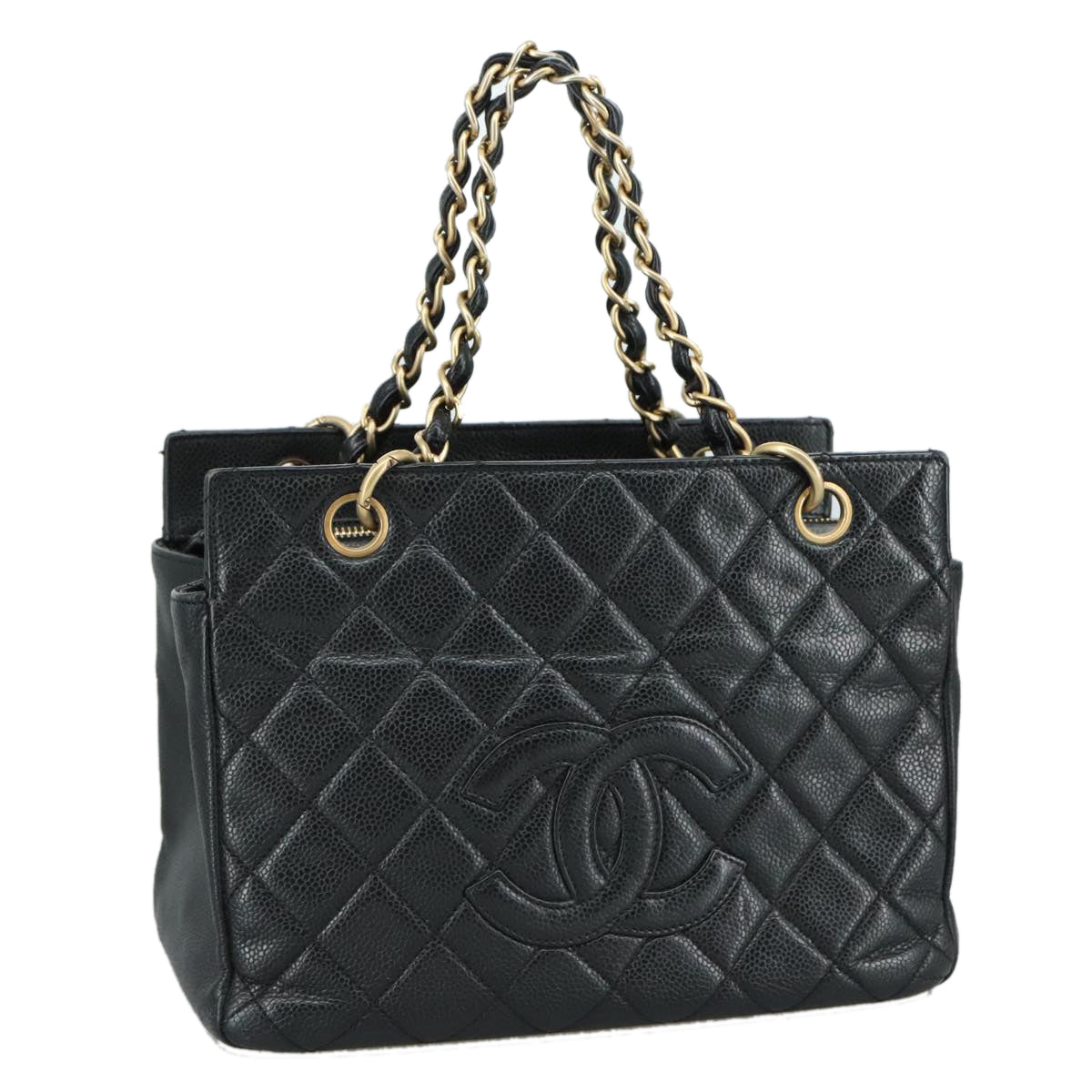 CHANEL Matelasse Chain Hand Bag Caviar Skin Black Gold CC PP148