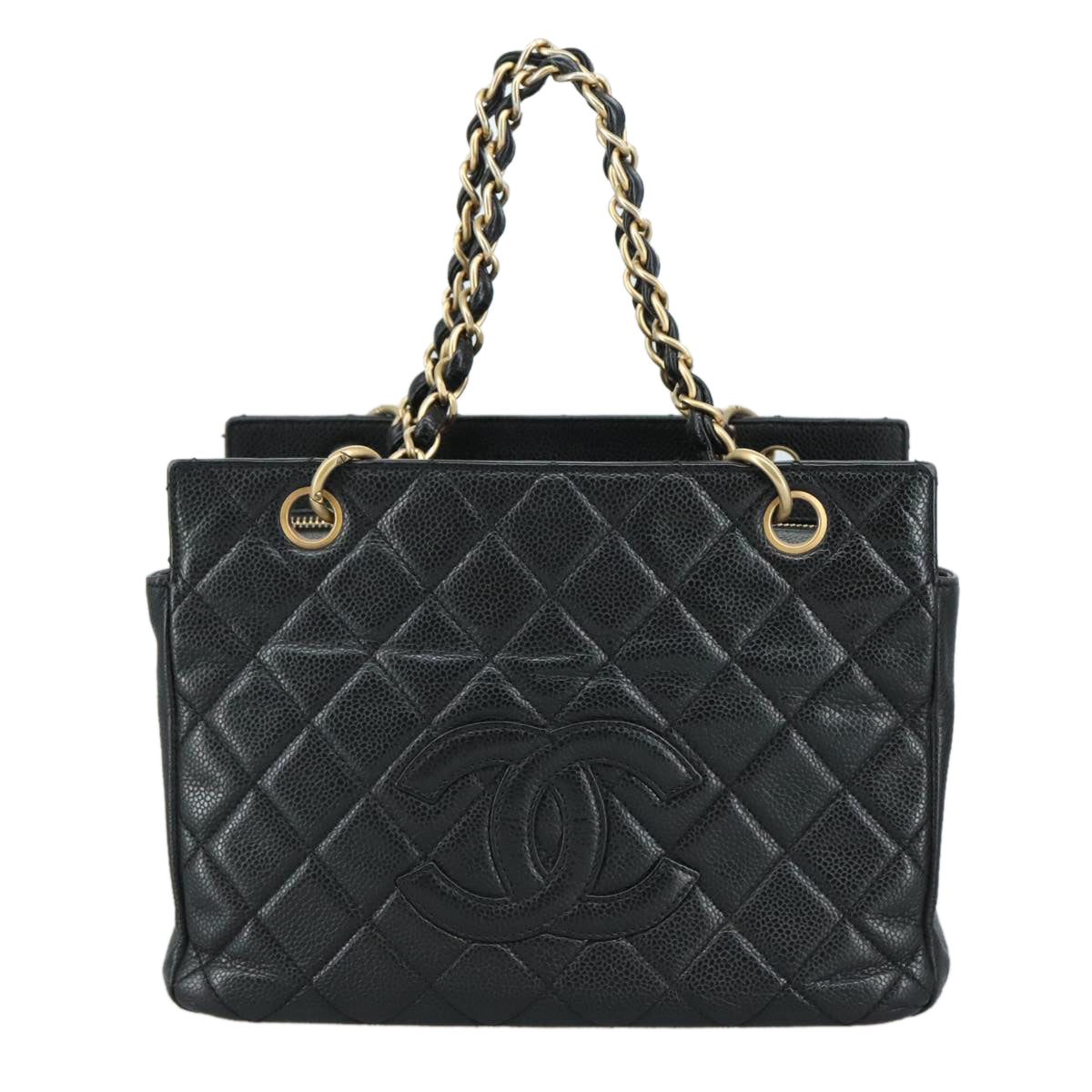 CHANEL Matelasse Chain Hand Bag Caviar Skin Black Gold CC PP148