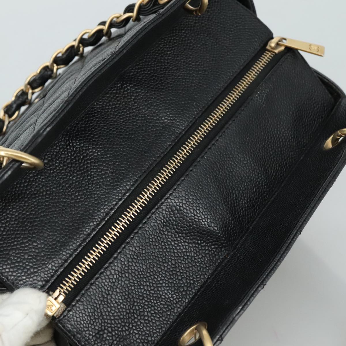 CHANEL Matelasse Chain Hand Bag Caviar Skin Black Gold CC PP148