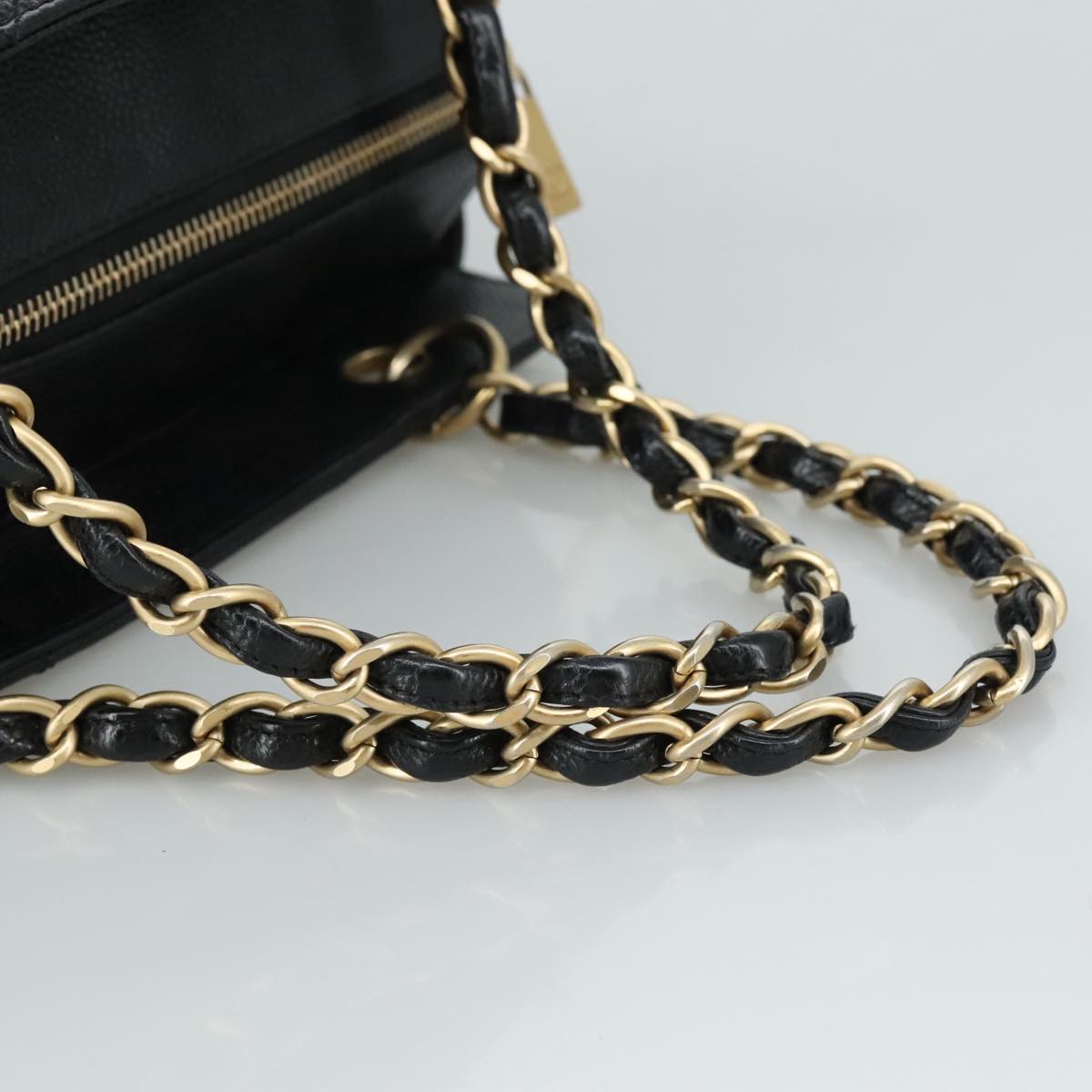 CHANEL Matelasse Chain Hand Bag Caviar Skin Black Gold CC PP148