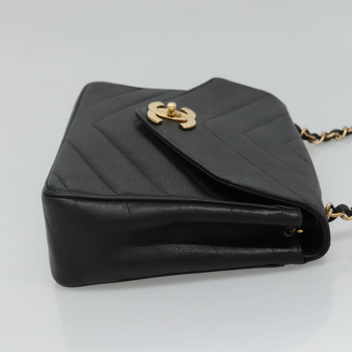 CHANEL Chain Shoulder Bag Caviar Skin Black Gold CC PP181
