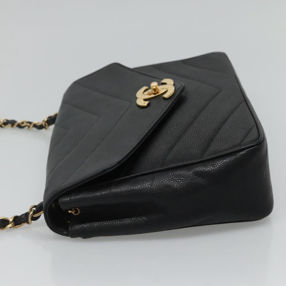 CHANEL Chain Shoulder Bag Caviar Skin Black Gold CC PP181