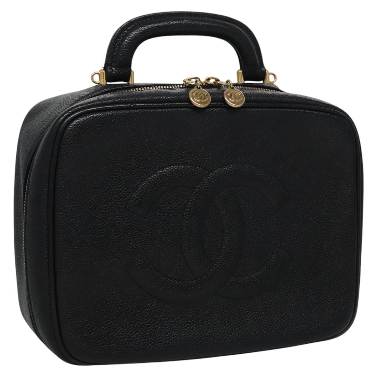 CHANEL Vanity Cosmetic Pouch Caviar Skin Black Gold CC PP184