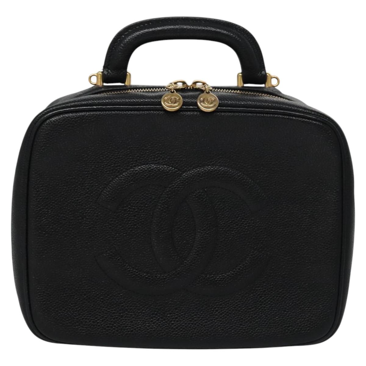 CHANEL Vanity Cosmetic Pouch Caviar Skin Black Gold CC PP184