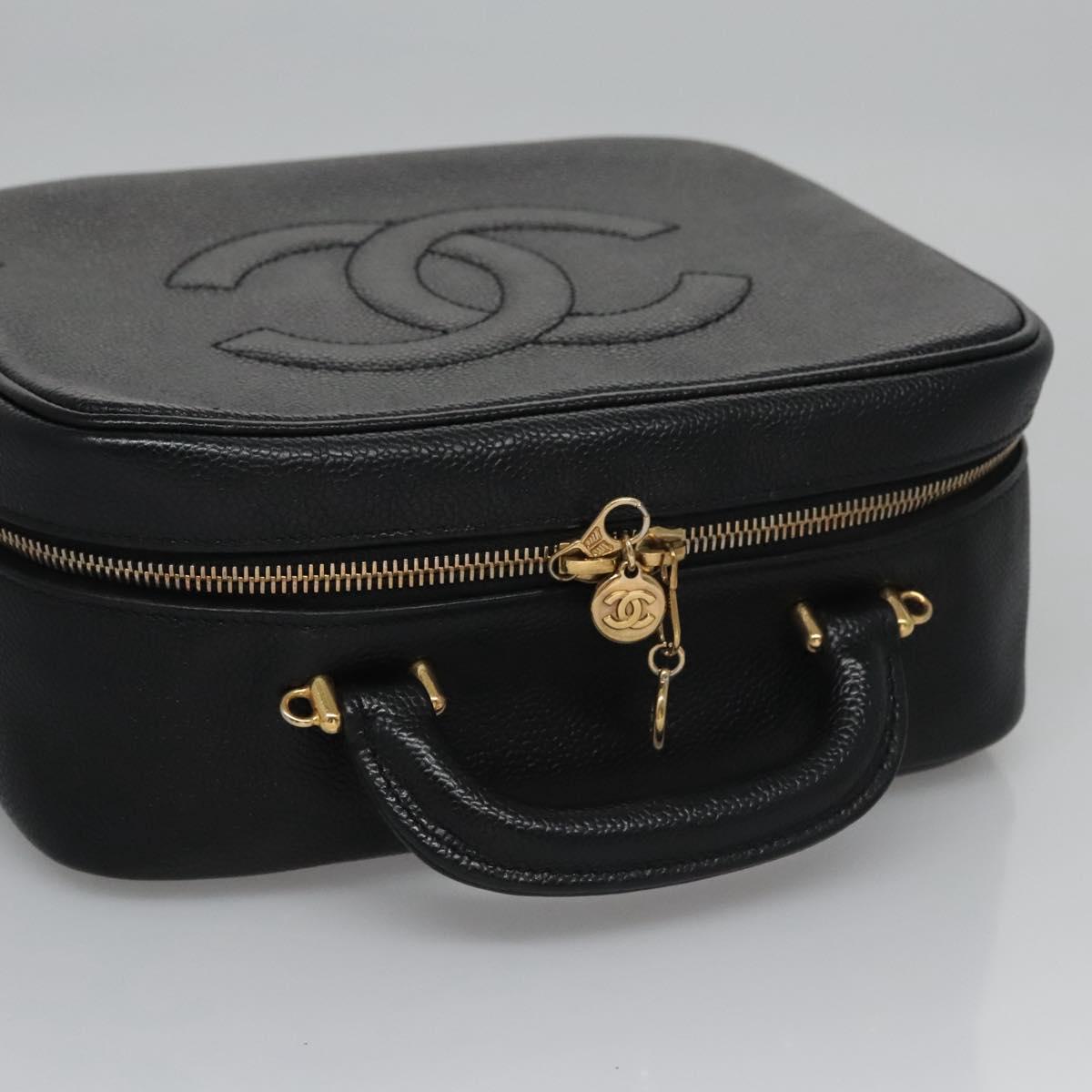 CHANEL Vanity Cosmetic Pouch Caviar Skin Black Gold CC PP184