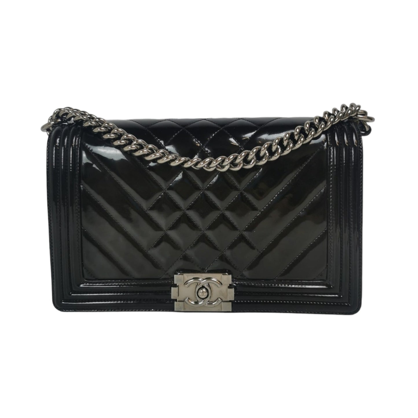Chanel Boy Large Black Patent Leather Silver